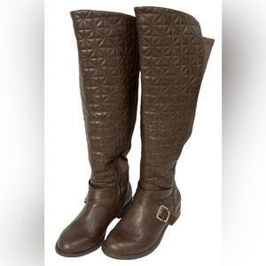 Torrid Brown Faux Leather Quilted Strappy Over Knee-High Boot Size 9W.